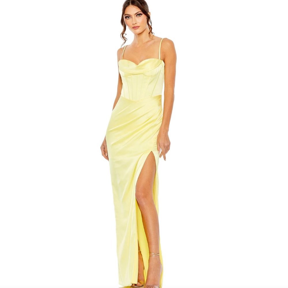 Leena For Mac Duggal Satin Ruched Bustier Bodycon Gown - Lemon 🍋 size 8
